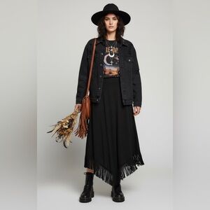 Boho Goth Midi Skirt Small Black Fringe Hem Asymmetrical POSE Romania